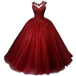 Xinaier Damen Elegante Spitze Tüll Abendkleid Abschlussballkleider Lange Ballkleid Partykleid Festkleider Burgund Größe 34 von Xinaier