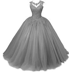 Xinaier Damen Elegante Spitze Tüll Abendkleid Abschlussballkleider Lange Ballkleid Partykleid Festkleider Grau Größe 52 von Xinaier