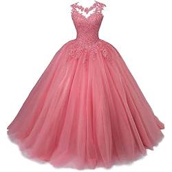 Xinaier Damen Elegante Spitze Tüll Abendkleid Abschlussballkleider Lange Ballkleid Partykleid Festkleider Koralle Größe 38 von Xinaier