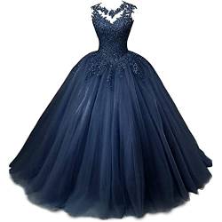 Xinaier Damen Elegante Spitze Tüll Abendkleid Abschlussballkleider Lange Ballkleid Partykleid Festkleider Marineblau Größe 38 von Xinaier