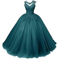 Xinaier Damen Elegante Spitze Tüll Abendkleid Abschlussballkleider Lange Ballkleid Partykleid Festkleider Pfauengrün Größe 46 von Xinaier