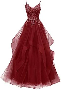 Xinaier Damen Spaghetti-Träger Lang Tüll Formellen Abendkleid Ballkleid Brautkleider Burgund Größe 36 von Xinaier