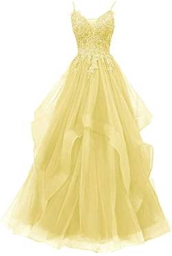 Xinaier Damen Spaghetti-Träger Lang Tüll Formellen Abendkleid Ballkleid Brautkleider Gelb Größe 34 von Xinaier