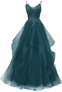 Xinaier Damen Spaghetti-Träger Lang Tüll Formellen Abendkleid Ballkleid Brautkleider Pfauengrün Größe 44 von Xinaier