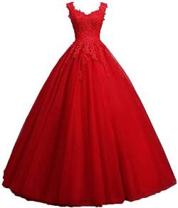 Xinaier Damen Vintage Perles Tüll Lange Abendkleid Abschlussballkleider Spitze Applique Ballkleid Hochzeitskleider Rot Größe 48 von Xinaier