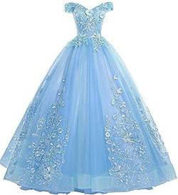 Xinaier Schulterfrei Abendkleider Tüll Prinzessin Lange Party Ballkleider Quinceanera Kleider Hellblau Größe 44 von Xinaier