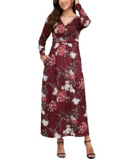 Kleid Damen Langarm Blumenmuster Boho-Stil V-Ausschnitt Maxi Kleider mit Taschen A-Linie Print Maxikleid Casual Cocktailkleid Tailliert Sommerkleid Elegant von Xinlong