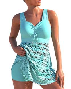 Xinlong Badeanzug Damen Bauchweg Bademode Set Retro Tank Top Blau Bikini Tankini Set Sexy Oversized Swimsuit mit Badeshorts Zweiteiliger Push up Monokini Große Größen Badeanzug von Xinlong