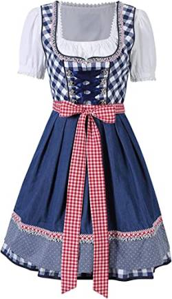 Xinlong Dirndl Damen Midi Oktoberfest 3-Teiligen Set Kleid Outfit Blaues Traditionell Trachtenkleid mit Schürze Rock für Jährliches Dorffest Kirmes Karneval von Xinlong