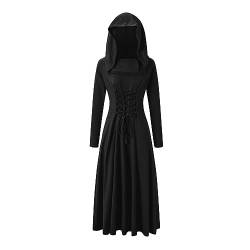 Xinlong Gothic Kleid Damen Mittelalter Renaissance Mit Kapuze Kleid Cosplay Damenkostüm Kapuzenkleid Schwarz Halloween Karneval von Xinlong