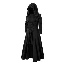 Xinlong Gothic Kleid Damen Mittelalter Renaissance Mit Kapuze Kleid Schwarz Damenkostüm Kapuzenkleid Cosplay Halloween Karneval von Xinlong
