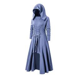 Xinlong Renaissance Kostüm Damen mit Schnüren Daumenloch Mittelalter Kleid Umhang Mittelaltergewand mit Kapuze Langarm Dress Gothic Cosplay Halloween Karneval von Xinlong