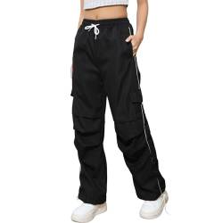 Xinor Cargohose Damen Y2k High Waist Baggy Parachute Pants mit Taschen Teenager Mädchen Wide Leg Hose Streetwear Freizeithose von Xinor