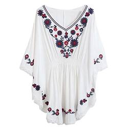 Xinqiao Damen Fledermausärmel Tops bestickt Bauernkleid mexikanische Bohemian Bluse Gr. Einheitsgröße, weiß von Xinqiao