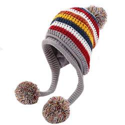 Xinqiao Damen Hut Winter Peruanisch Mütze Stricken Ohrenklappen Pom Pom Deckel (Grau) von Xinqiao