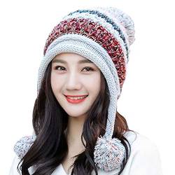 Xinqiao Damen Winter Peruanische Beanie Strickmütze Fleece Gefüttert Ohrenklappen Cap Pompon Hat, grau, Einheitsgröße von Xinqiao