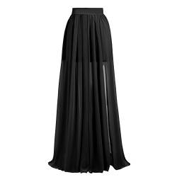 Xiongfeng® Damen Chiffon Plissee Rock Seiten Schlitz Maxi Lang Sommerrock Schwarz,M von Xiongfeng