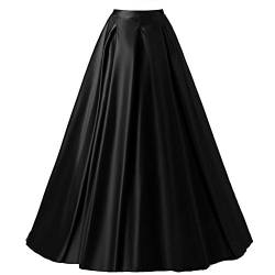 Xiongfeng®Damen A-Linie Satin Maxi Vintage Rock mit Hohe Taille Schwarz von Xiongfeng