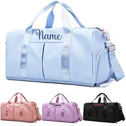 Sporttasche mit Namen Schuhfach Nassfach Personalisiert Reisetasche Handgepäck Flugzeug Groß Wasserdicht für Damen Kinder Herren, Gestickter Name Personalisierte, Blau von Xiuyours