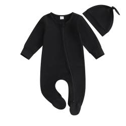 Neugeborenen Baby Jungen Mädchen Footie Strampler Solide Zipper Overall Baby Home Wear Outfit Mit Hut Baby Kleidung Junge Schwarz (Black, 3-6 Months) von Xmiral