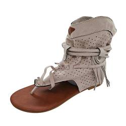 Xmiral Böhmische Sandalen Damen Mädchen Quaste Retro Römische Sandalen Schnür Flip Flop Strandschuhe (39,Beige) von Xmiral