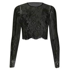 Xmiral Damen Bluse Tops Mesh Durchsichtig Spitze Kurz Kittel Slim Blume Spleiß Shirt Langarm Offener Nabel Spitzenoberteil(Schwarz,M) von Xmiral