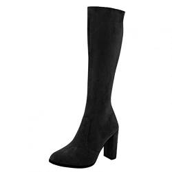 Xmiral Damen Knielange Stiefel Mit Dicker Absatz Retro Elastische Einfarbige Hochhackige Mittelhohe Stiefel Mit Reißverschluss (Schwarz, 37) von Xmiral