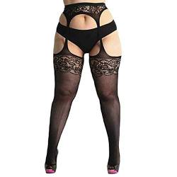 Xmiral Damen Netzstrumpfhose Plus Size Lace Straps Strumpfhosen Strumpf Sexy Hollow Jacquard Sexy Strümpfe(Schwarz,one Size) von Xmiral