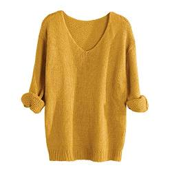 Xmiral Damen Pullover H鋕eln V-Ausschnitt Langarm Pure Color Strick Tops Sweatshirt (3XL,Gelb) von Xmiral