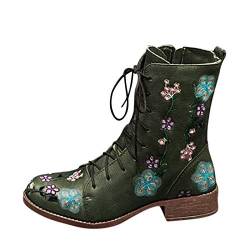 Xmiral Damen Ritterstiefel Vintage Blume Stickerei Blockabsatz Lange Stiefeletten Reißverschluss Schnürhalbschuhe (Grün, 39) von Xmiral