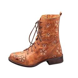 Xmiral Damen Ritterstiefel Vintage Blume Stickerei Blockabsatz Lange Stiefeletten Reißverschluss Schnürhalbschuhe (Orange, 39) von Xmiral