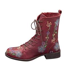 Xmiral Damen Ritterstiefel Vintage Blume Stickerei Blockabsatz Lange Stiefeletten Reißverschluss Schnürhalbschuhe (Rot, 39) von Xmiral