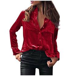 Xmiral Damen Samt Langarm Shirt Geknöpfte Brusttasche Freizeithemd Top Elegante Bluse Streetwear (Rot, M) von Xmiral