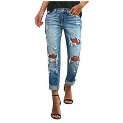 Xmiral Damen Zerrissene Jeans Einfarbig Loch Hohe Jeans Knöchel Mode Gewaschene Denim Hosen (Blau, L) von Xmiral