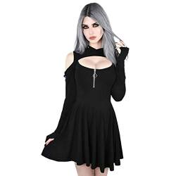 Xmiral Gothic Kleid Damen Einfarbig Hohe Taille Mit Kapuze Minikleid Cold Shoulder Reißverschluss Cosplay Kostüm(Schwarz,5XL) von Xmiral