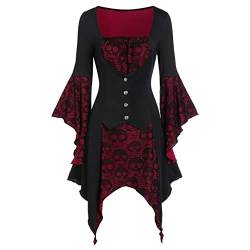 Xmiral Gothic Kleidung Damen Spitze Bluse Tunika Gothic Hexe Cosplay Kostüm Oberteil (02 Rot, XXL) von Xmiral