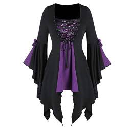 Xmiral Gothic Kleidung Damen Spitze Bluse Tunika Gothic Hexe Cosplay Kostüm Oberteil Übergroßes Gothic Mittelalter Halloween Punk Karneval Kostüm(Lila,5XL) von Xmiral