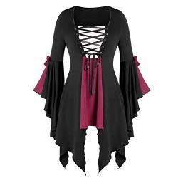 Xmiral Gothic Kleidung Damen Spitze Bluse Tunika Gothic Hexe Cosplay Kostüm Oberteil Übergroßes Gothic Mittelalter Halloween Punk Karneval Kostüm(Rot,4XL) von Xmiral