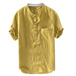 Xmiral Herren Leinenhemd leinen Shirt Kurzarm Hemden mit Stehkragen Kurze Knopfleiste (L, Gelb mit Brusttasche) von Xmiral