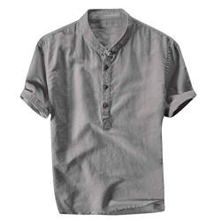 Xmiral Herren Leinenhemd leinen Shirt Kurzarm Hemden mit Stehkragen Kurze Knopfleiste Slim fit für Männer(Grau,M) von Xmiral