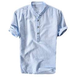 Xmiral Herren Leinenhemd leinen Shirt Kurzarm Hemden mit Stehkragen Kurze Knopfleiste in weiß schwarz Navy blau Slim fit für Herren(Blau,L) von Xmiral