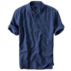 Xmiral Herren Leinenhemd leinen Shirt Kurzarm Hemden mit Stehkragen Kurze Knopfleiste in weiß schwarz Navy blau Slim fit für Herren(Marine Blau,L) von Xmiral