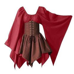 Xmiral Kleider Damen Plus Size Kleid Halloween Frauen Kostüm Trompetenärmel Irisches Hemdkleid Mit Korsett Traditionelle Cosplay-Kostüme Gothic Retro Langarm-Korsettkleid (ZB-Red, XL) von Xmiral