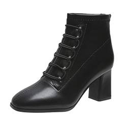 Xmiral Lederstiefel Damen Schnürhalbschuhe Winterstiefel Mit Eckigem Absatz High Heels Stiefelette Mit Reißverschluss (Schwarz, 38) von Xmiral