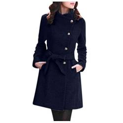 Xmiral Mantel Damen Einfarbig Rollkragen Lange Umlegekragen Trenchcoat Jacke mit Gürtel Winter Elegant Hohe Taille Warm Wintermäntel Steppjacke(Marineblau,M) von Xmiral