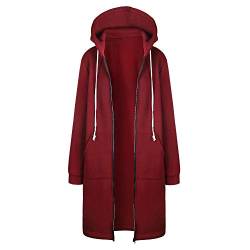 Xmiral Mantel Damen Reißverschluss Lange Jacken Oberteile Einfarbig Winter Kapuzenjacke Übergröße Hoodies Outwear Strickjacken(Rot,5XL) von Xmiral