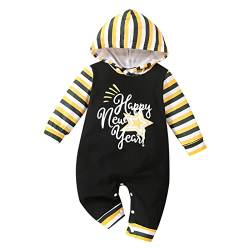 Xmiral Mein erstes Neujahr Kleidung Neugeborenes Baby Junge Mädchen Neujahr Outfits Streifen Brief Drucken Kapuzen Strampler Overall Outfits Fleece Overall Baby Junge (Black, 6M) von Xmiral