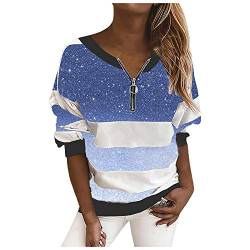 Xmiral Pullover Damen Sternenhimmel Gedruckt Gestreifte Langarm-Reißverschluss T-Shirt Bluse mit V-Ausschnitt(Blau,5XL) von Xmiral