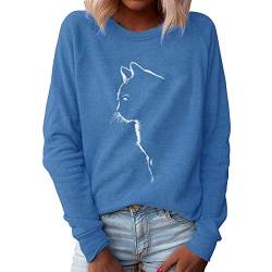 Xmiral Sweatshirt Damen Katze Gedruckt Einfarbig Pullover Slim Fit Langarm O-Ausschnitt T-Shirt Bluse(Blau,XXL) von Xmiral