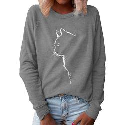 Xmiral Sweatshirt Damen Katze Gedruckt Einfarbig Pullover Slim Fit Langarm O-Ausschnitt T-Shirt Bluse(Grau,L) von Xmiral